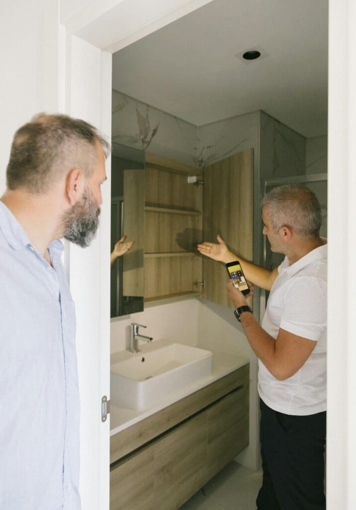 Water leak detection technician explaining bathroom inspection findings to a homeowner while discussing leak location, repair options, and diagnostic results